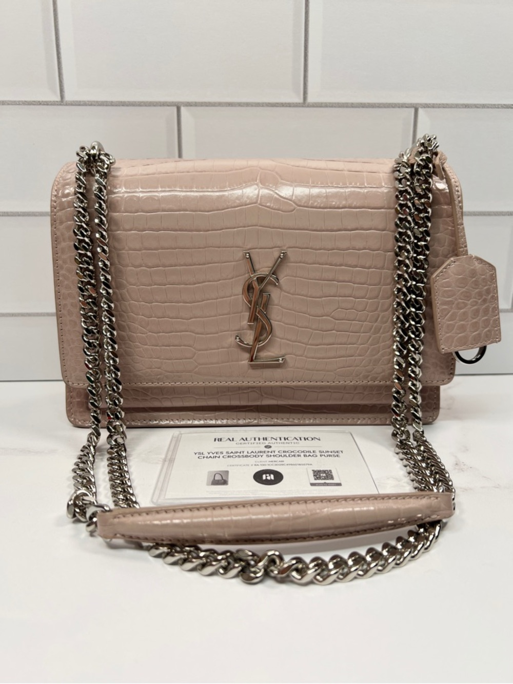 YSL Yves Saint Laurent Crocodile Sunset Chain Crossbody Shoulder Bag Purse